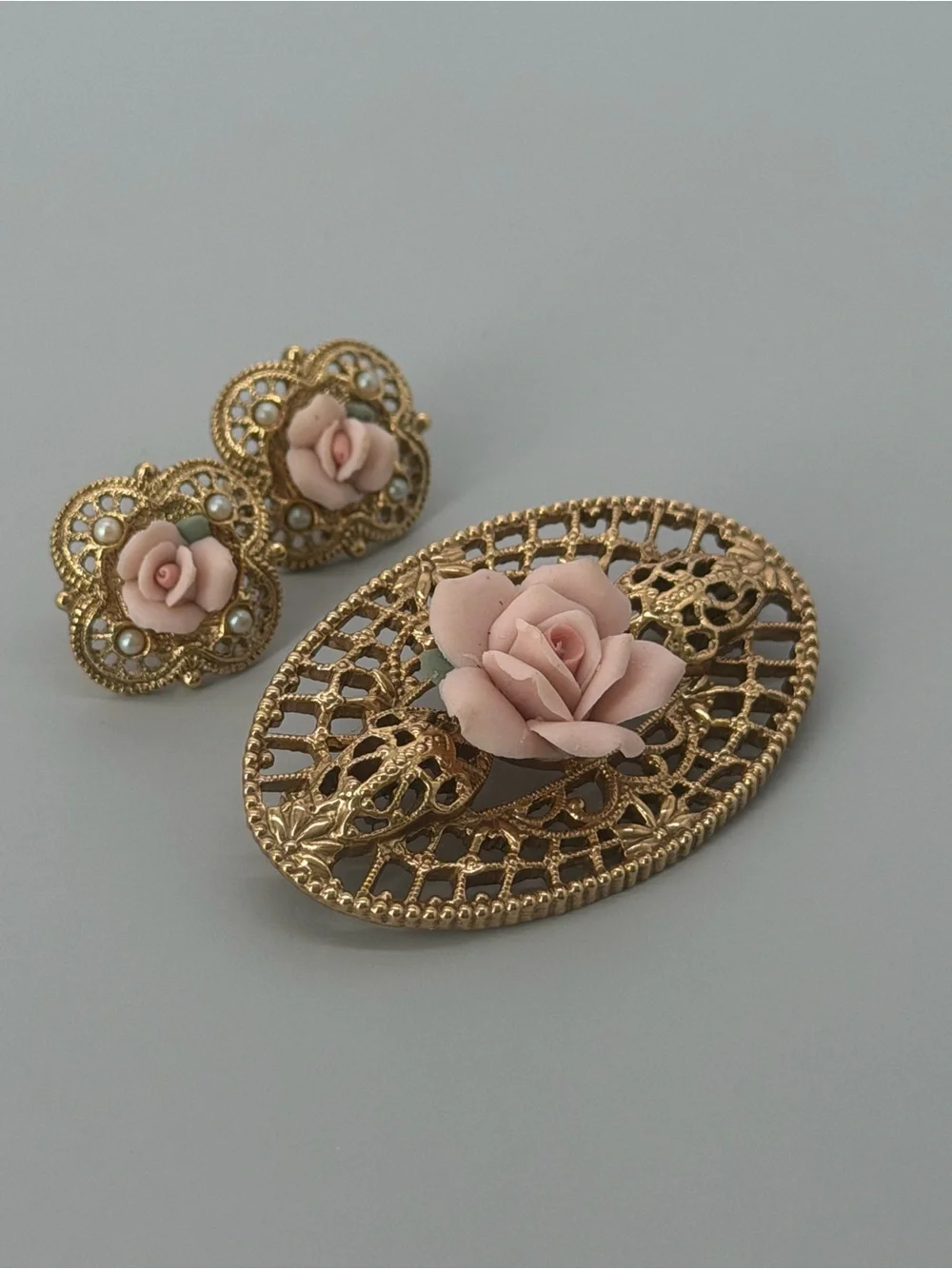 1928 Gold-Tone Filigree Brooch and Earring Set with Pink Porcelain Rose